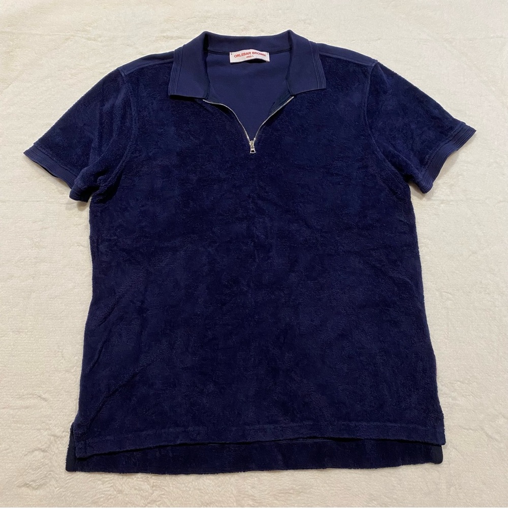 (L) Orlebar Brown Short Sleeve Quarter Zip Polo Shirt Navy Blue Large Terrycloth